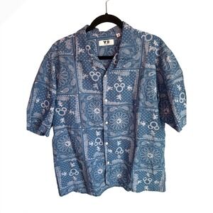 Uniqlo Disney Magic For All Blue Bandana Mickey Mouse Print Linen Blend Shirt M
